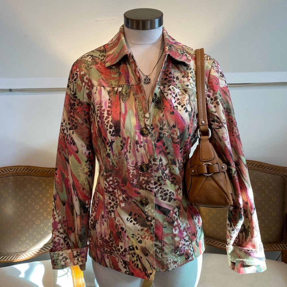 Vintage 90s Chico's Button-Up Jean Jacket, Vibrant Abstract Animal Print, S/M